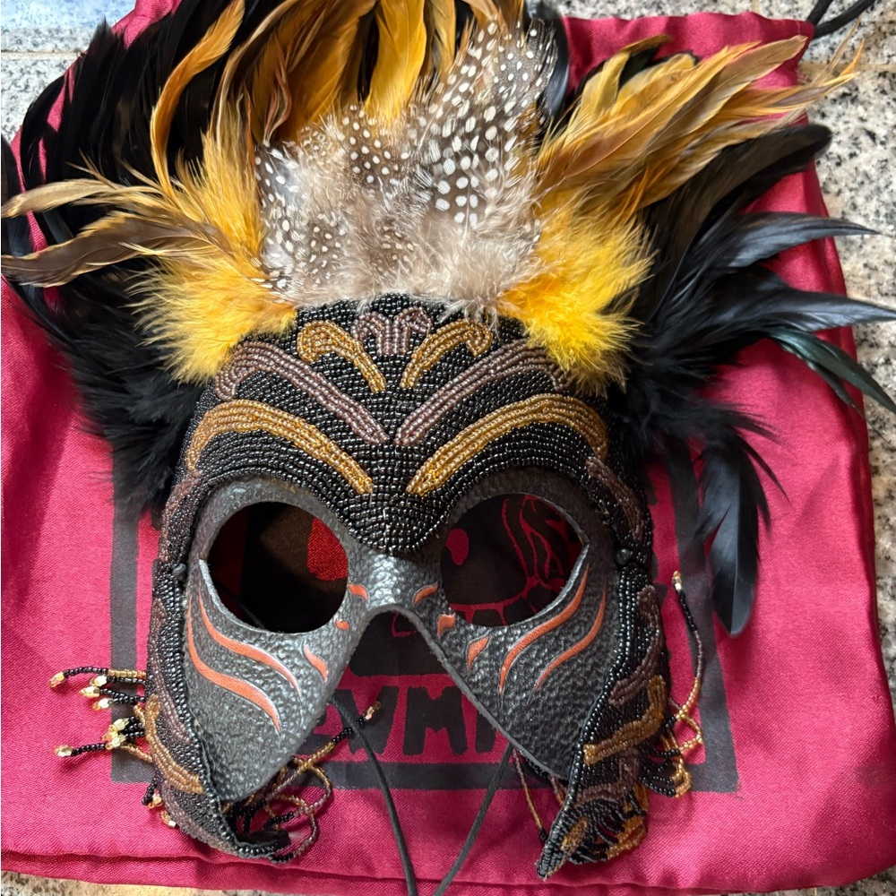 Beaded Feathered Masquerade Mask by Newman.  Commedia leather dell arte mask.